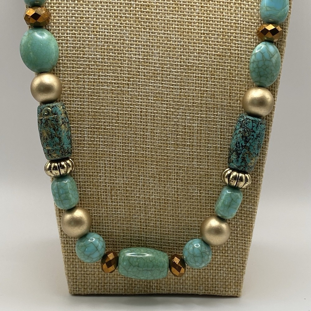 Unsigned Gold Tone Beaded Necklace Vintage Style Turquoise Blue Green 35.5"